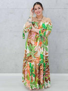 Egzotyczna Sukienka Maxi-  Liście Zielone Stylowa XL