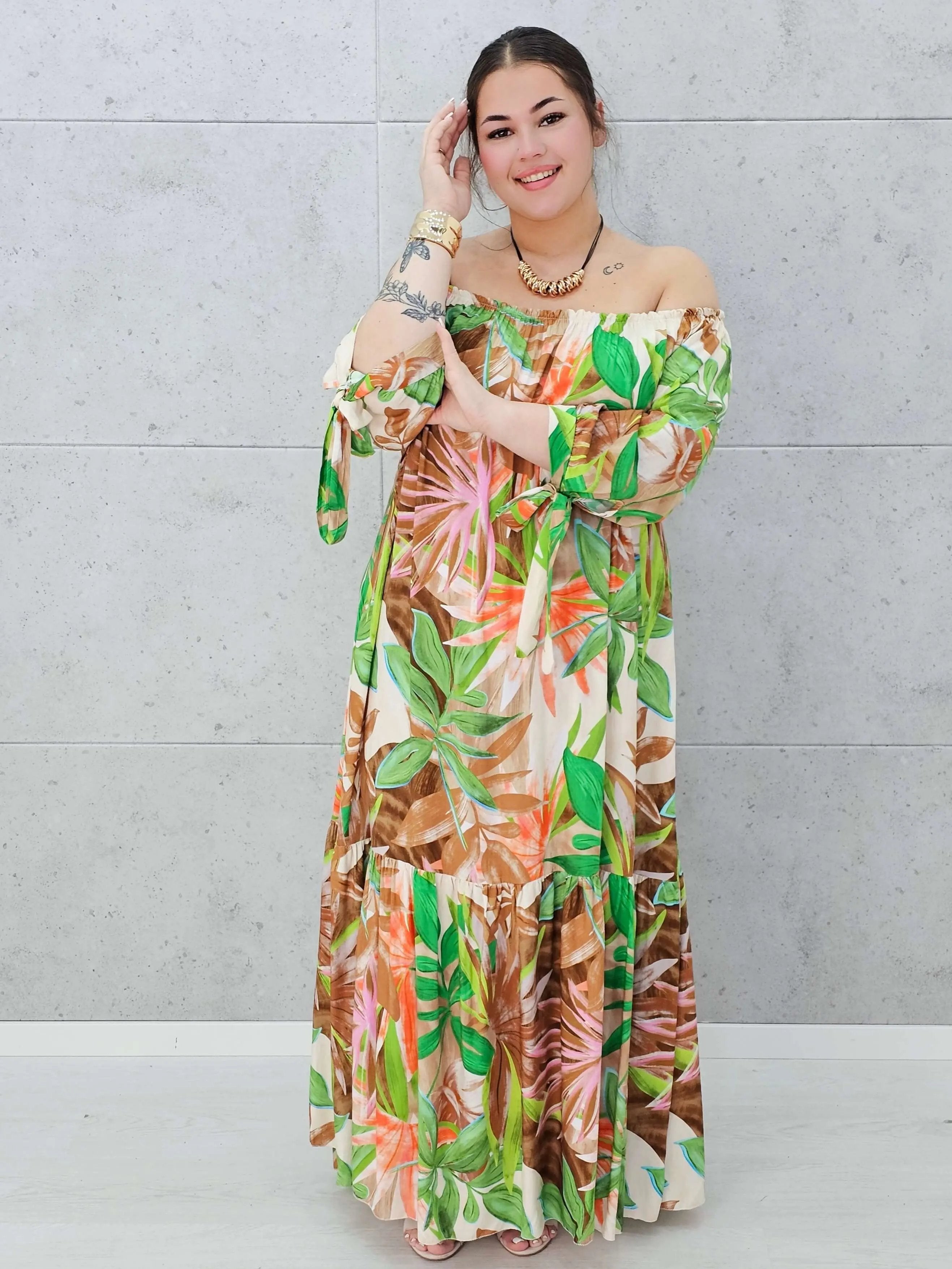 Egzotyczna Sukienka Maxi-  Liście Zielone Stylowa XL