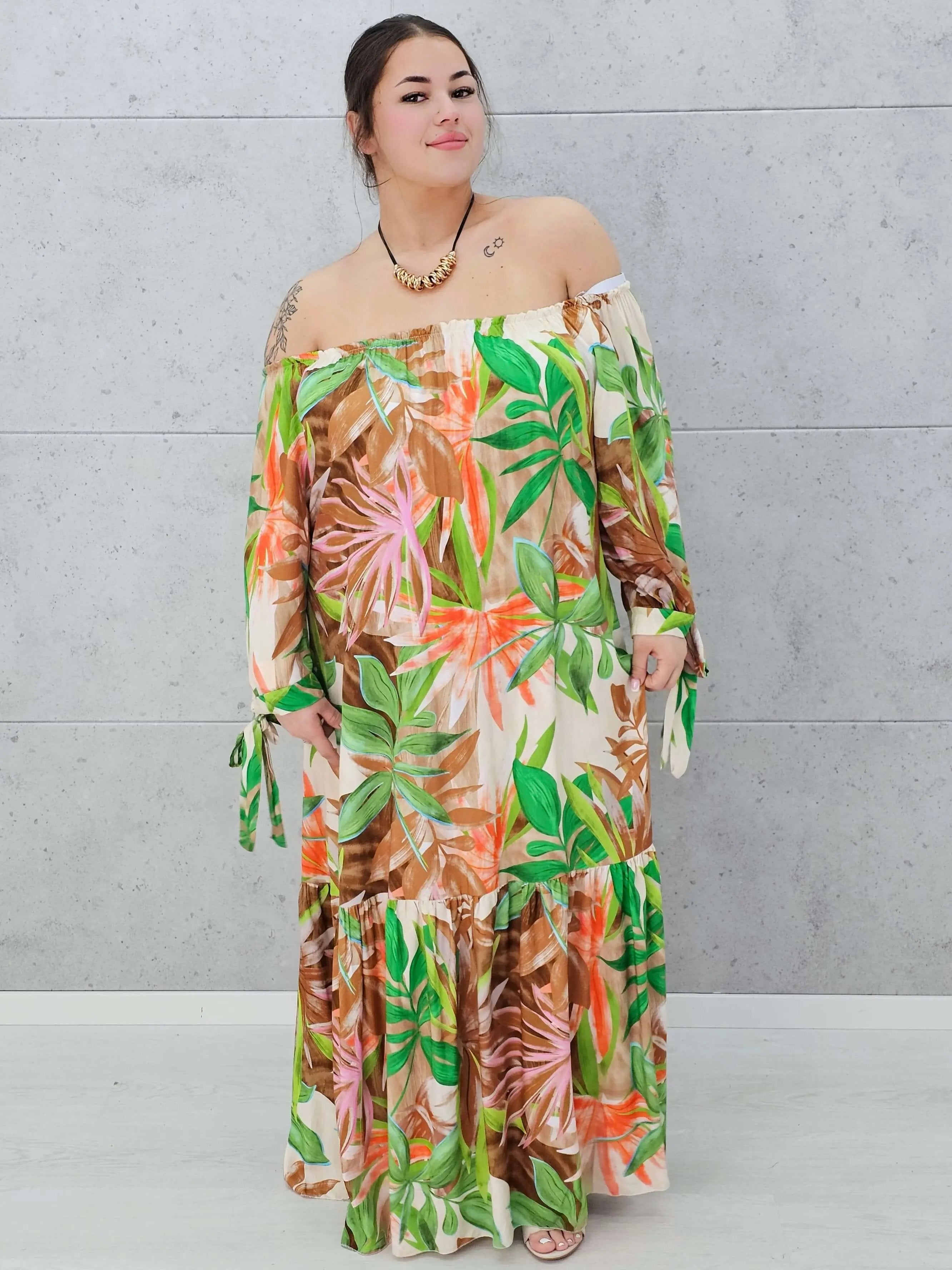 Egzotyczna Sukienka Maxi-  Liście Zielone Stylowa XL