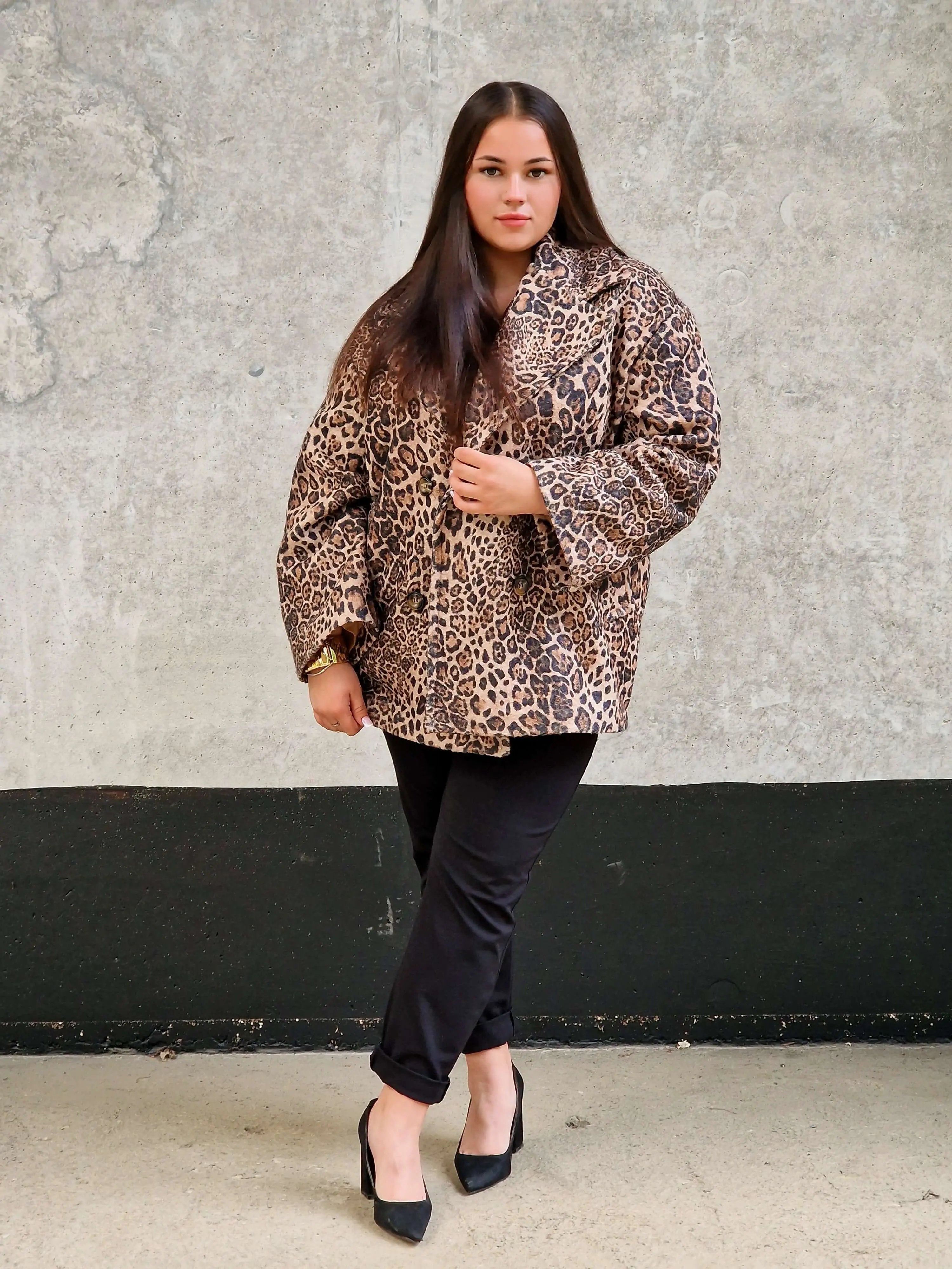 Elegancka długa marynarka - wzór lamparta Stylowa XL