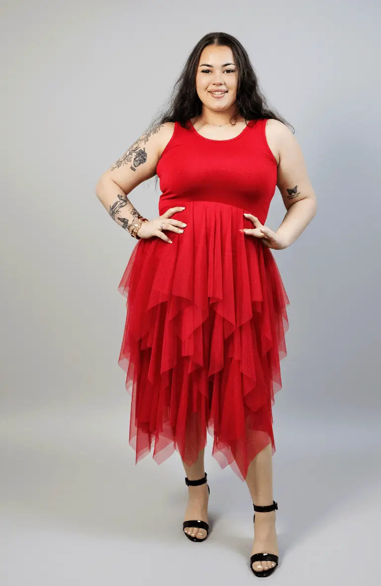 Halka plus size czerwona z tiulem – długa halka XXL z asymetrycznym dołem Stylowa XL