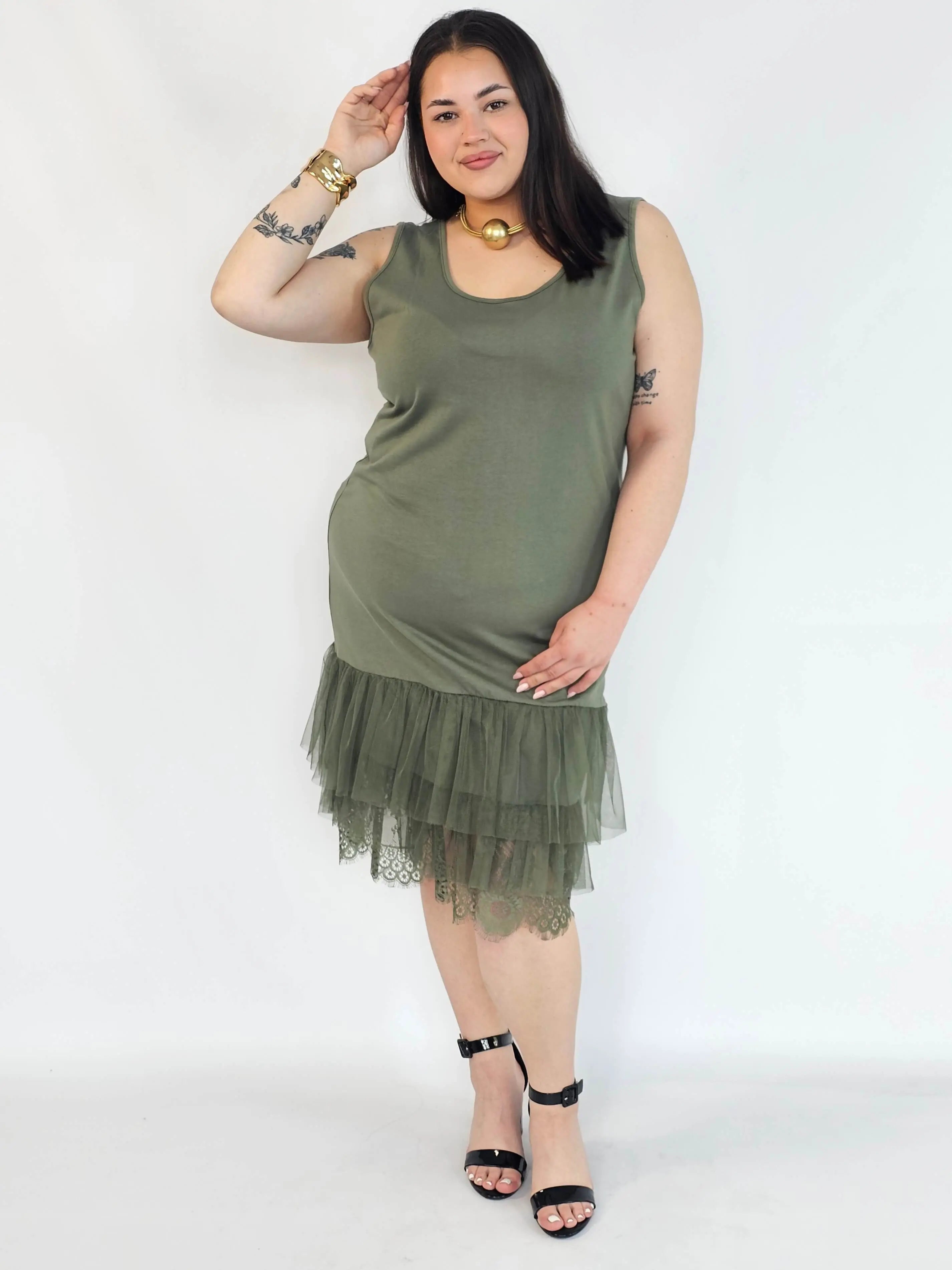 Halka plus size khaki z tiulem i koronką – halka XXL damska Stylowa XL