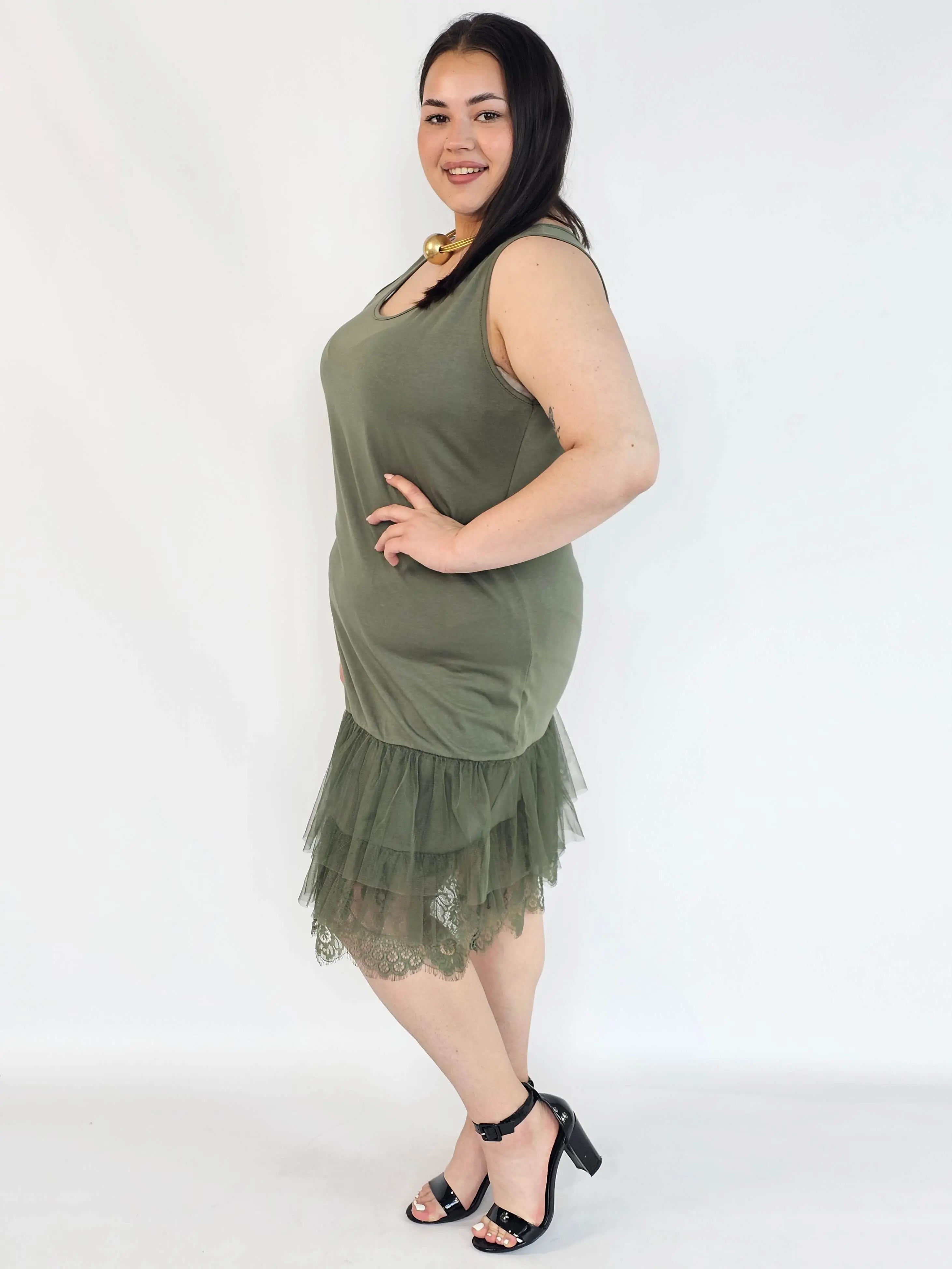 Halka plus size khaki z tiulem i koronką – halka XXL damska Stylowa XL