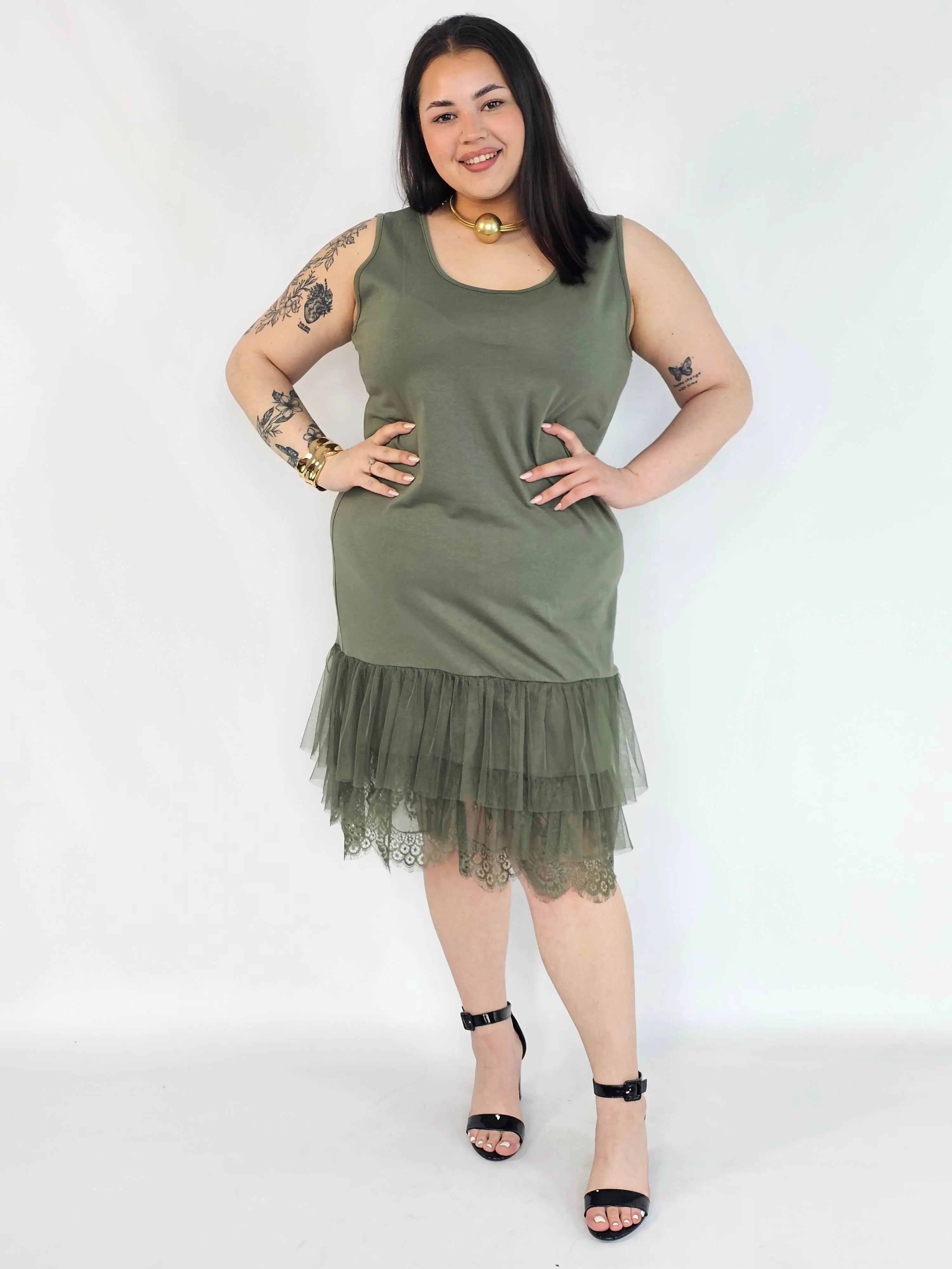 Halka plus size khaki z tiulem i koronką – halka XXL damska Stylowa XL