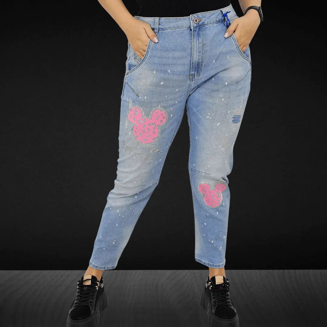 Jasne jeansy z brokatową aplikacją Myszki Stylowa XL