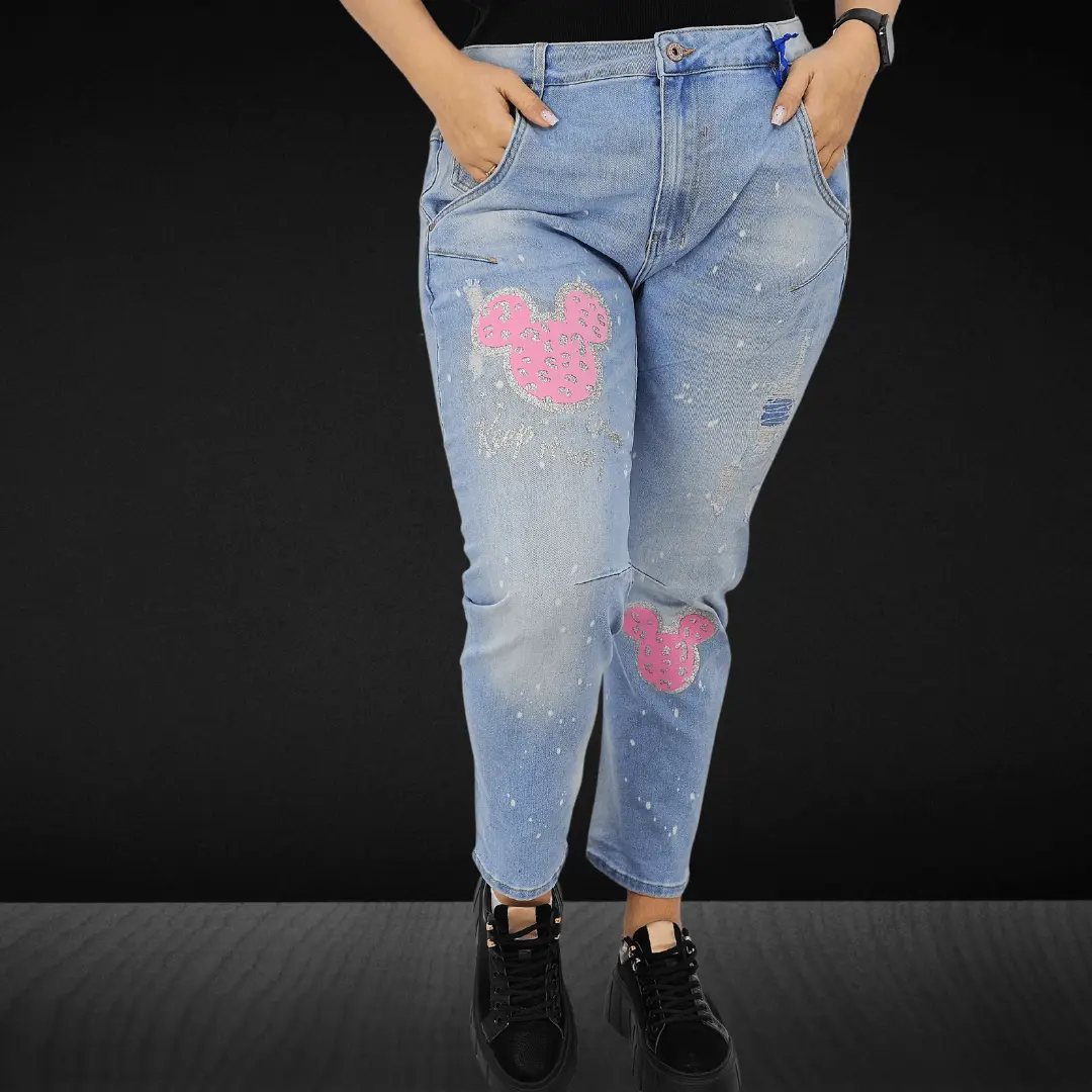 Jasne jeansy z brokatową aplikacją Myszki Stylowa XL