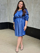 Jeans-owa sukienka z marszczonym rękawem Stylowa XL