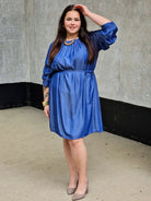 Jeans-owa sukienka z marszczonym rękawem Stylowa XL