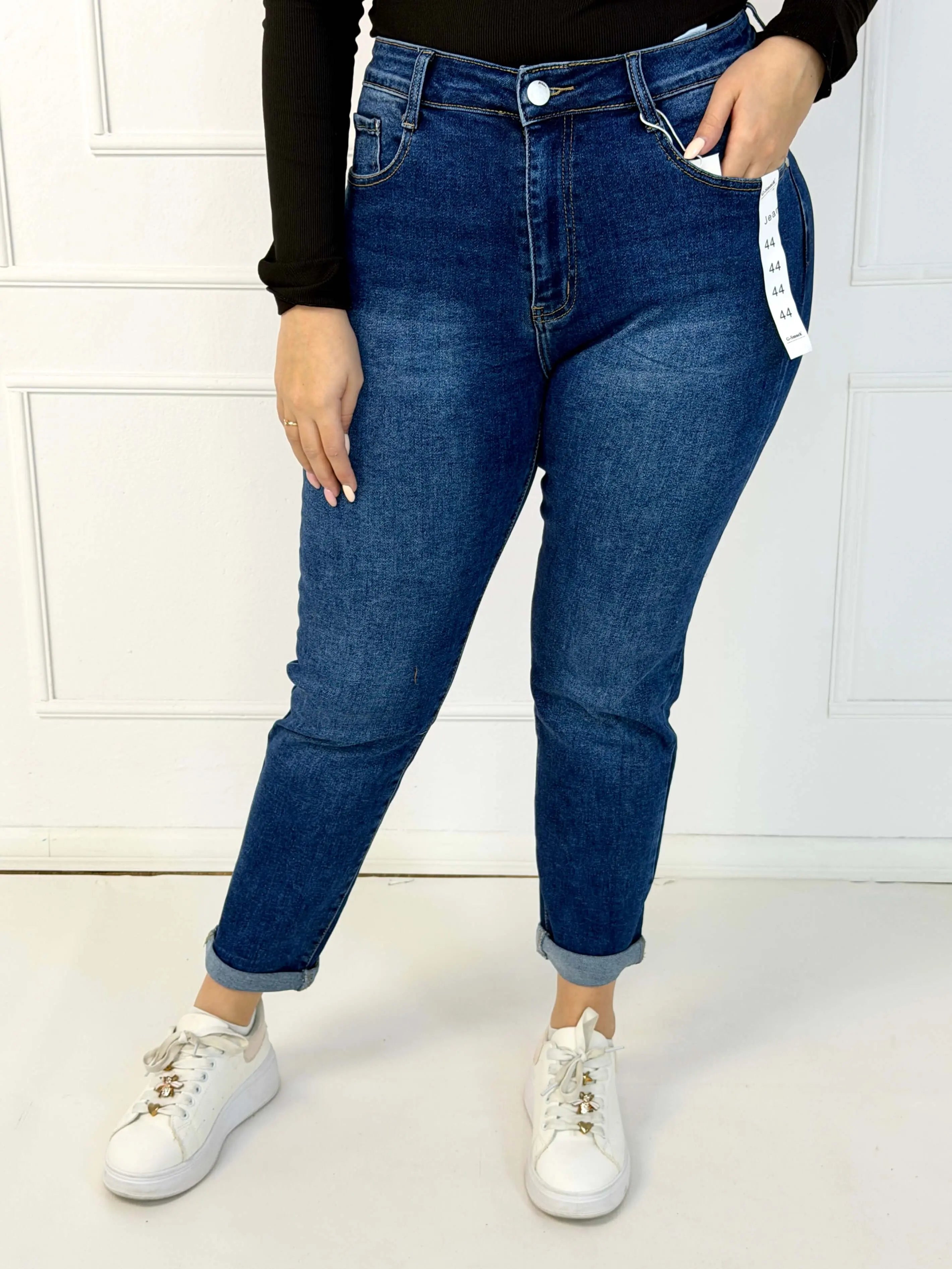 Jeansy plus size G-Smack mom fit XXL – granatowy denim z haftowanym kwiatem Stylowa XL