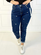 Jeansy plus size granatowe z ozdobnymi aplikacjami – spodnie damskie XXL Stylowa XL