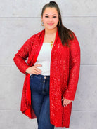 Kardigan plus size czerwony cekinowy – elegancki kardigan XXL z cekinami Stylowa XL