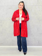 Kardigan plus size czerwony cekinowy – elegancki kardigan XXL z cekinami Stylowa XL