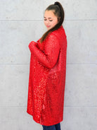 Kardigan plus size czerwony cekinowy – elegancki kardigan XXL z cekinami Stylowa XL