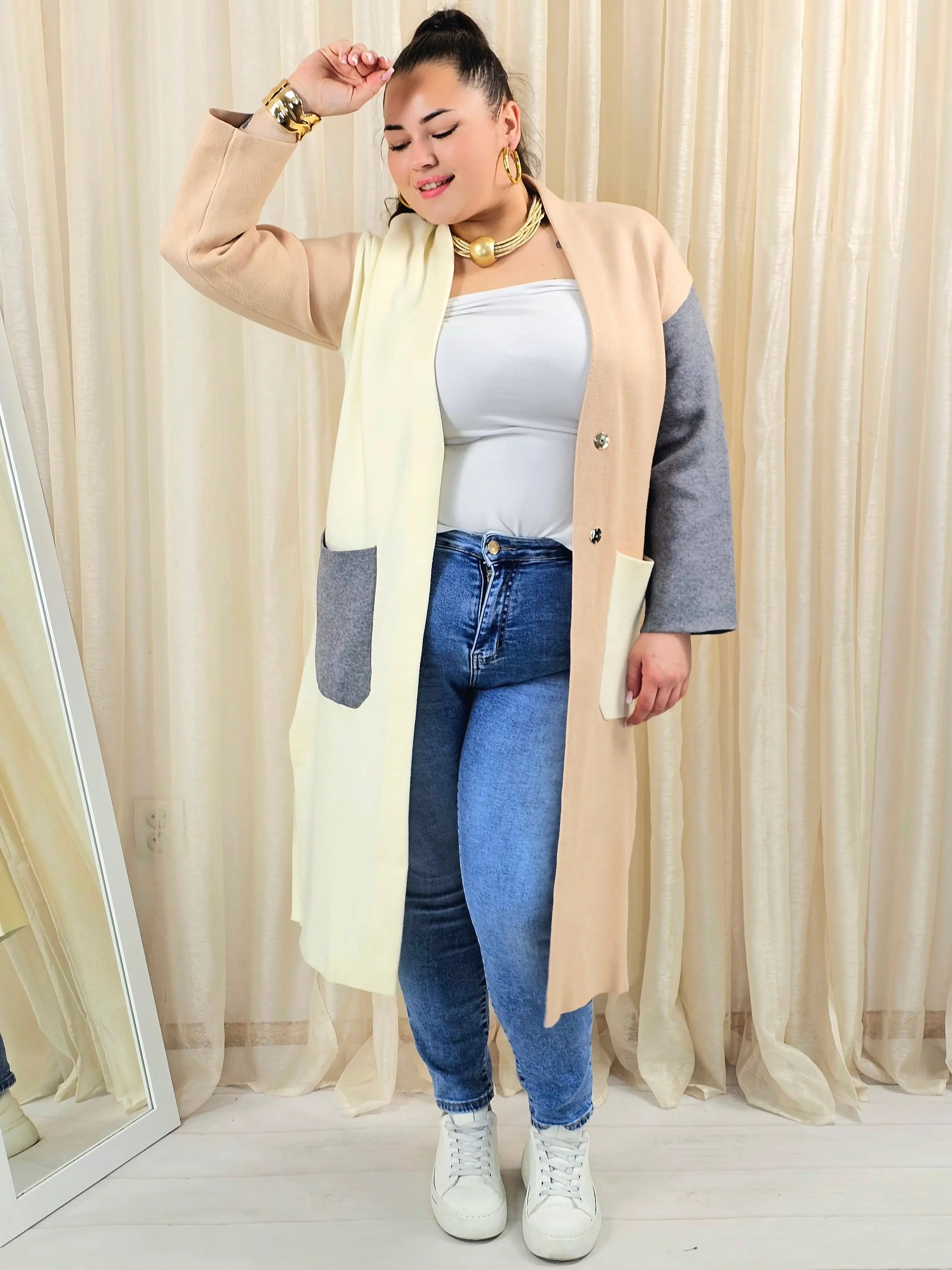 Kardigan plus size długi z kieszeniami – trójkolorowy Stylowa XL