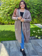 Kardigan z wstawką wzoru ,paseczek do przewiązania - jasny beż Stylowa XL