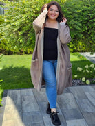 Kardigan z wstawką wzoru ,paseczek do przewiązania - jasny beż Stylowa XL