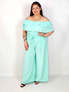 Kombinezon plus size –elegancki kombinezon z odkrytymi ramionami i szerokimi nogawkami Stylowa XL