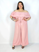 Kombinezon plus size –elegancki kombinezon z odkrytymi ramionami i szerokimi nogawkami Stylowa XL