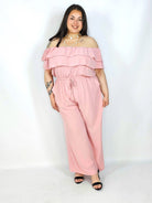 Kombinezon plus size –elegancki kombinezon z odkrytymi ramionami i szerokimi nogawkami Stylowa XL