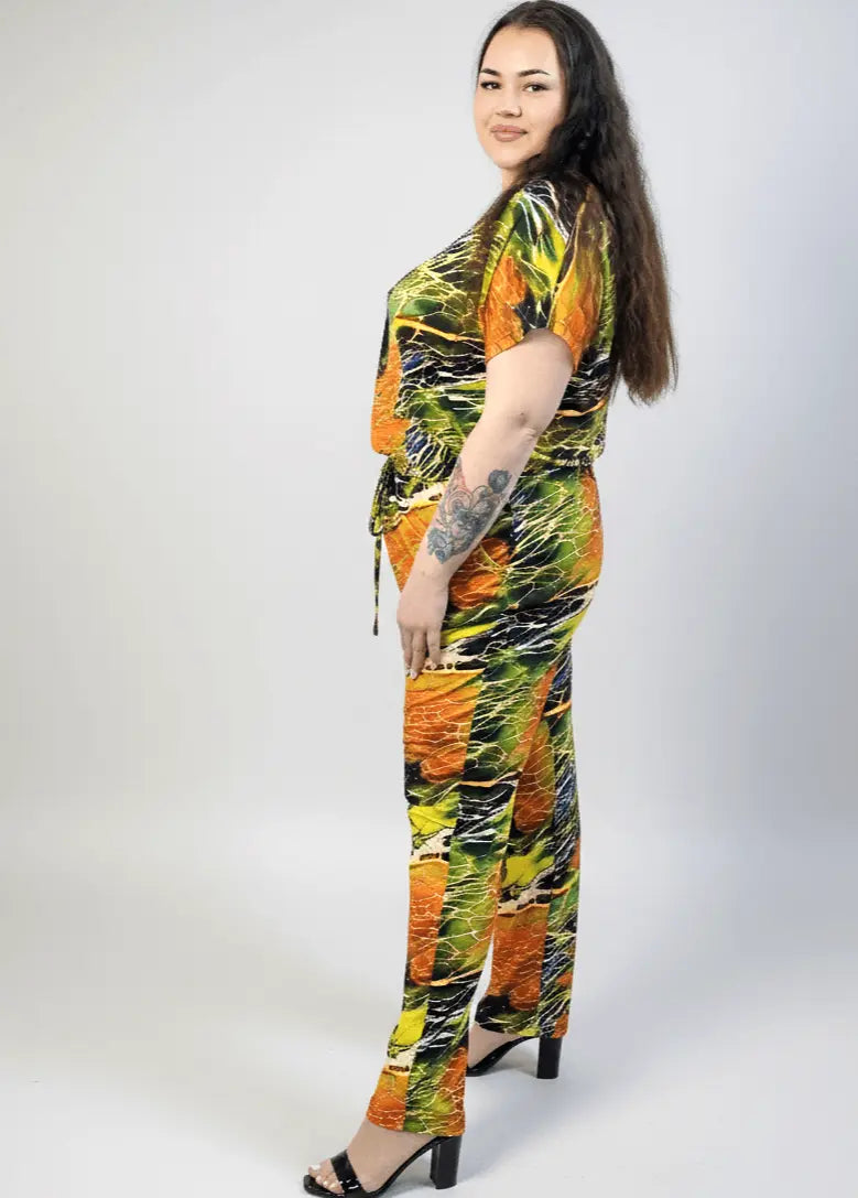 Kombinezon plus size z krótkim rękawem – wzorzysty kombinezon XXL Stylowa XL