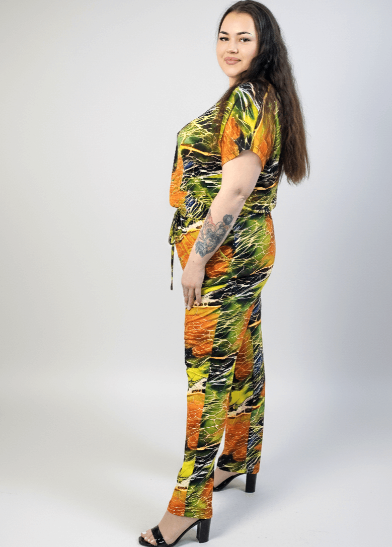 Kombinezon plus size z krótkim rękawem – wzorzysty kombinezon XXL Stylowa XL