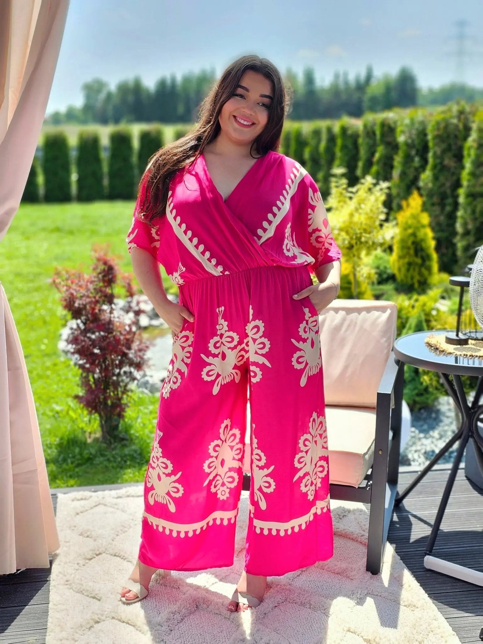 Kombinezon z Kremowym Wzorem - Elegancja w Boho Stylu - dwa kolory Stylowa XL