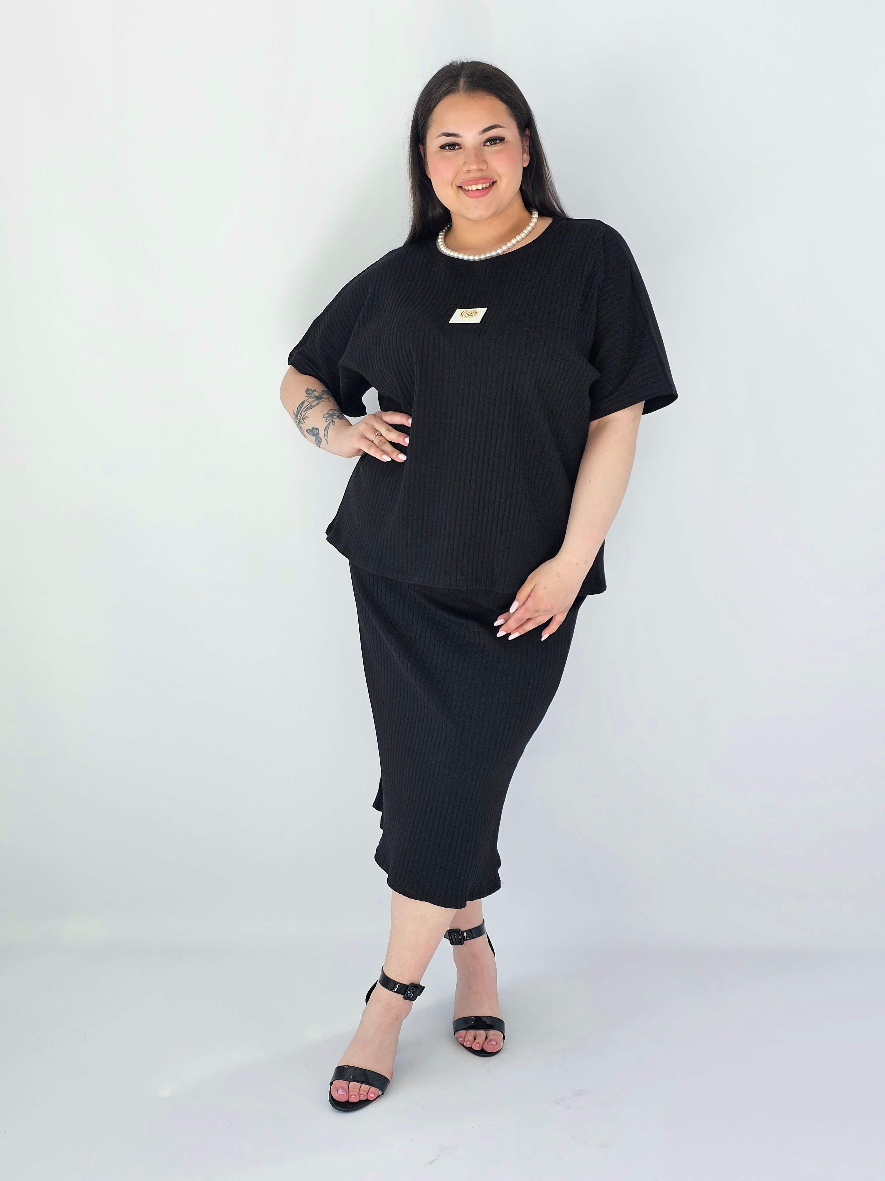 Komplet Plus Size Bluzka I Spódnica Prążkowany Z Ozdobnym Detalem Stylowa XL