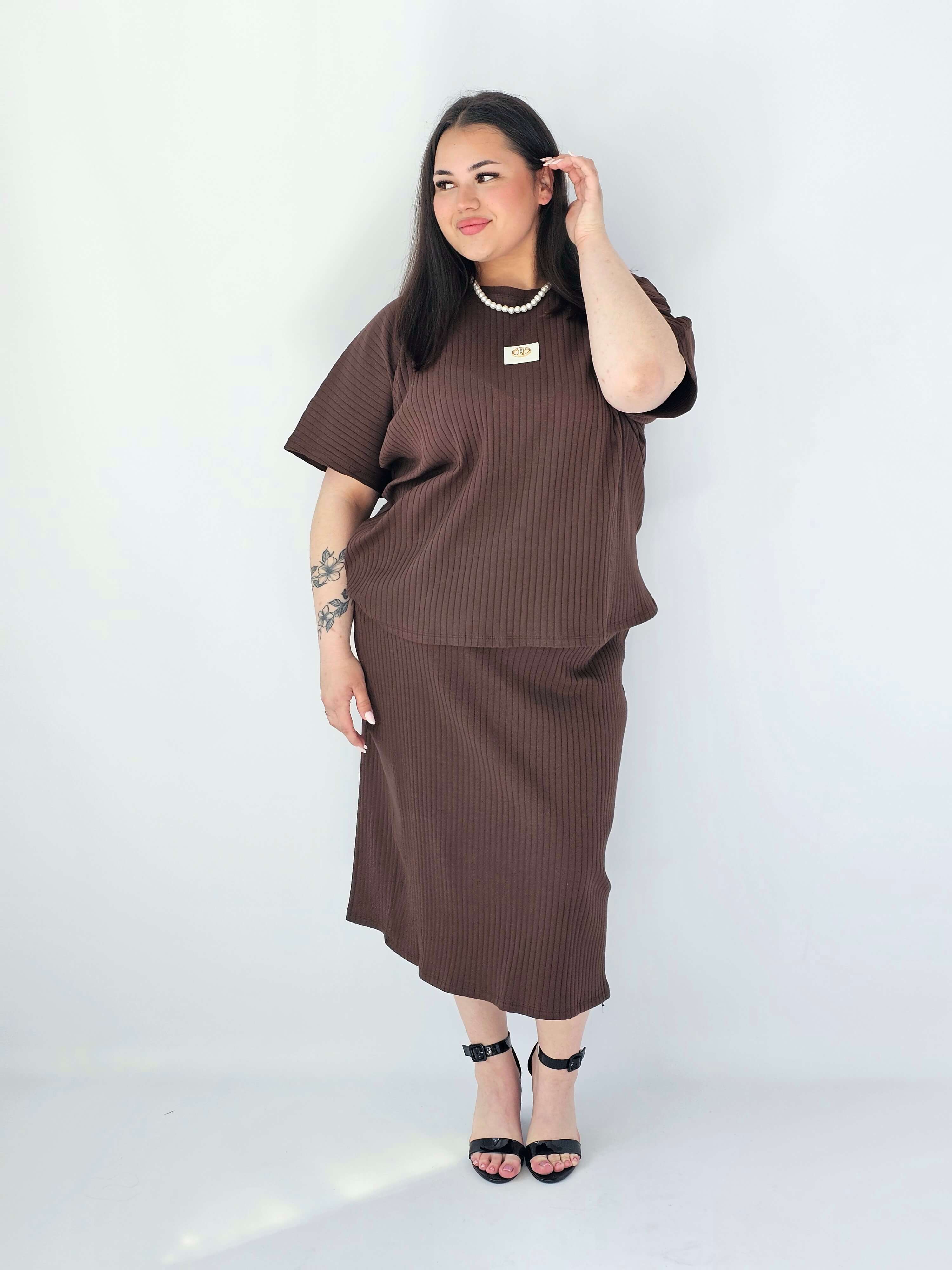 Komplet Plus Size Bluzka I Spódnica Prążkowany Z Ozdobnym Detalem Stylowa XL