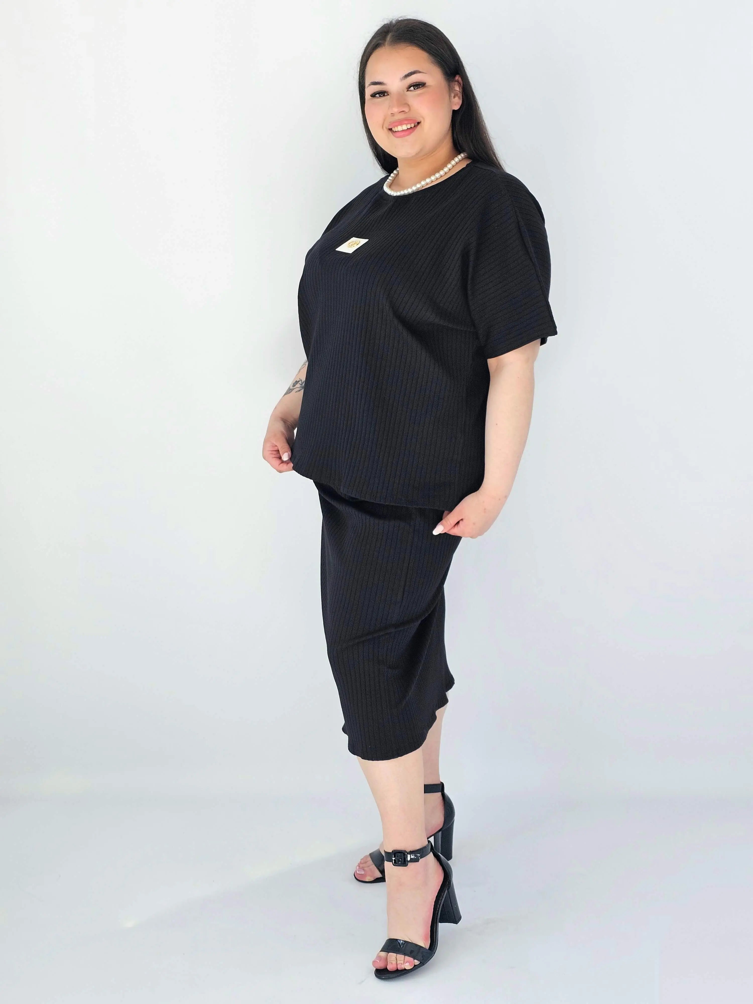 Komplet Plus Size Bluzka I Spódnica Prążkowany Z Ozdobnym Detalem Stylowa XL