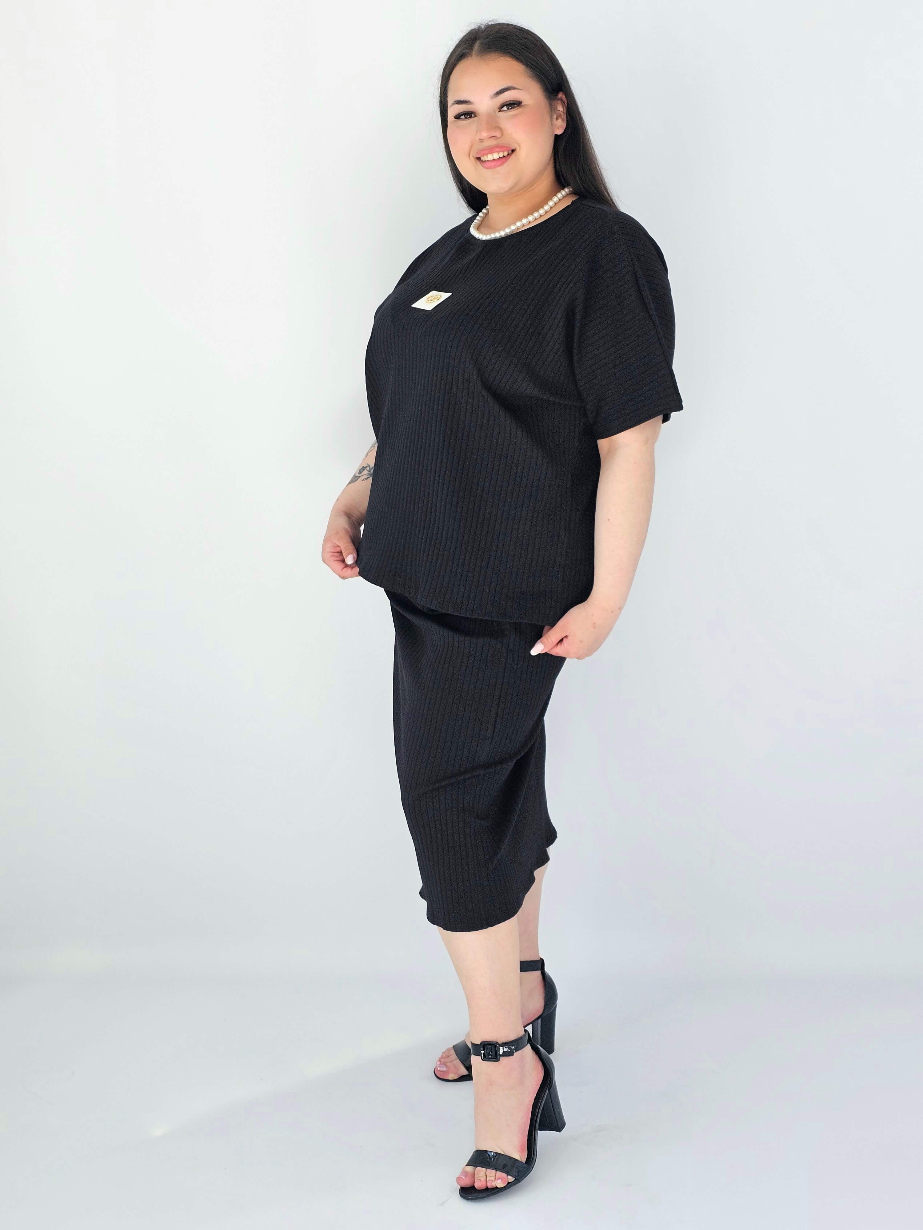 Komplet Plus Size Bluzka I Spódnica Prążkowany Z Ozdobnym Detalem Stylowa XL
