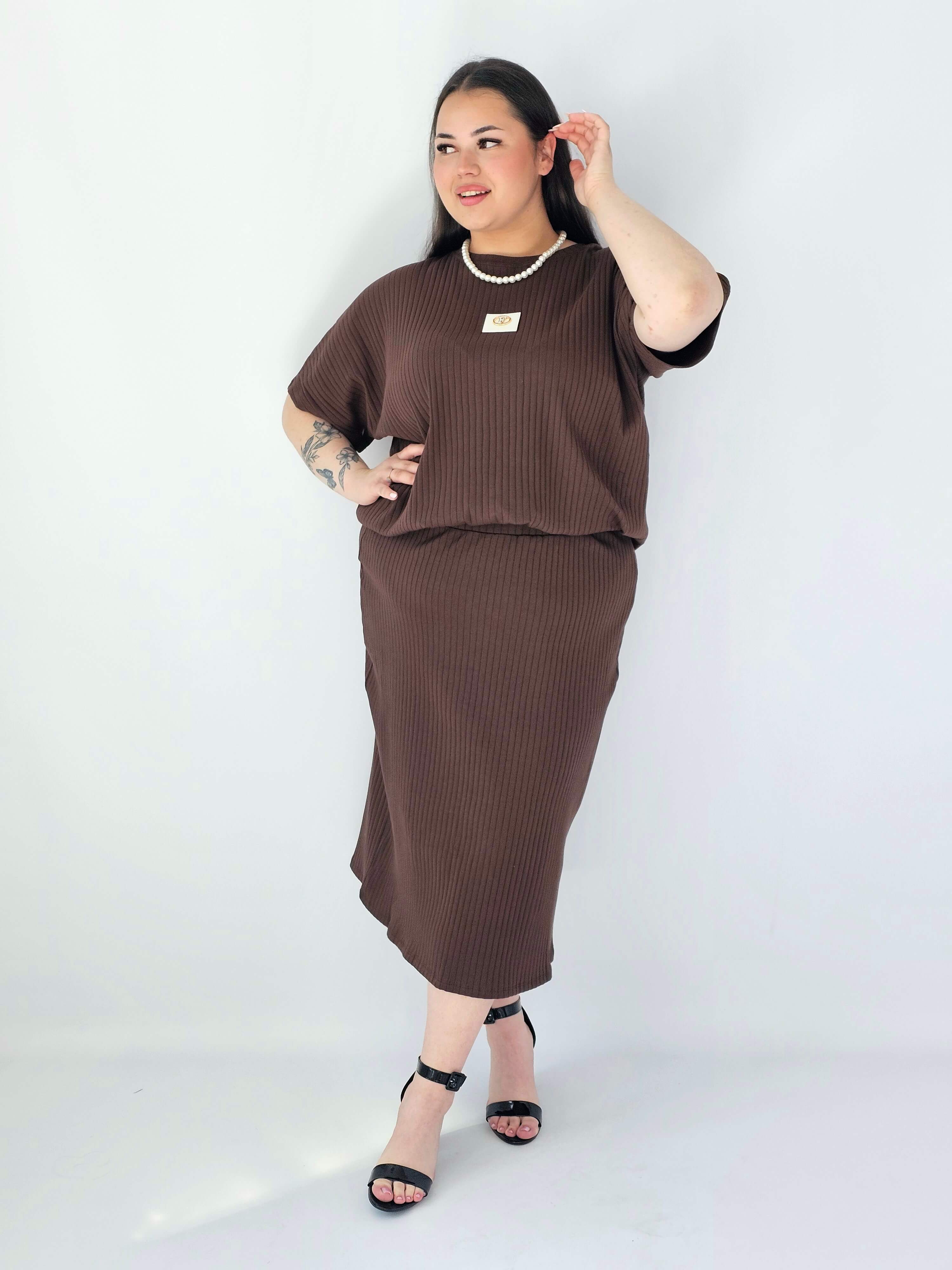 Komplet Plus Size Bluzka I Spódnica Prążkowany Z Ozdobnym Detalem Stylowa XL