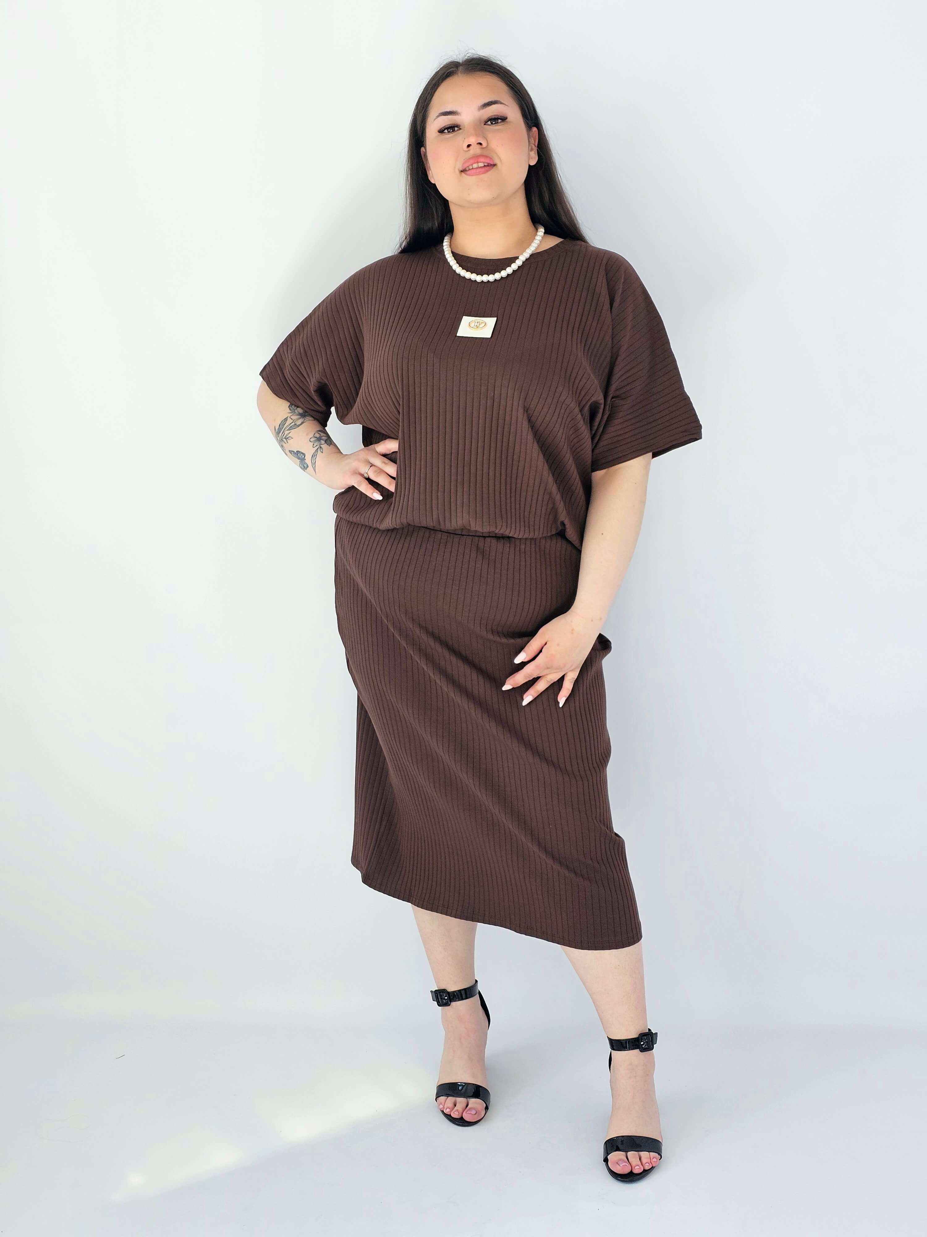 Komplet Plus Size Bluzka I Spódnica Prążkowany Z Ozdobnym Detalem Stylowa XL