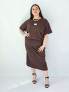 Komplet Plus Size Bluzka I Spódnica Prążkowany Z Ozdobnym Detalem Stylowa XL