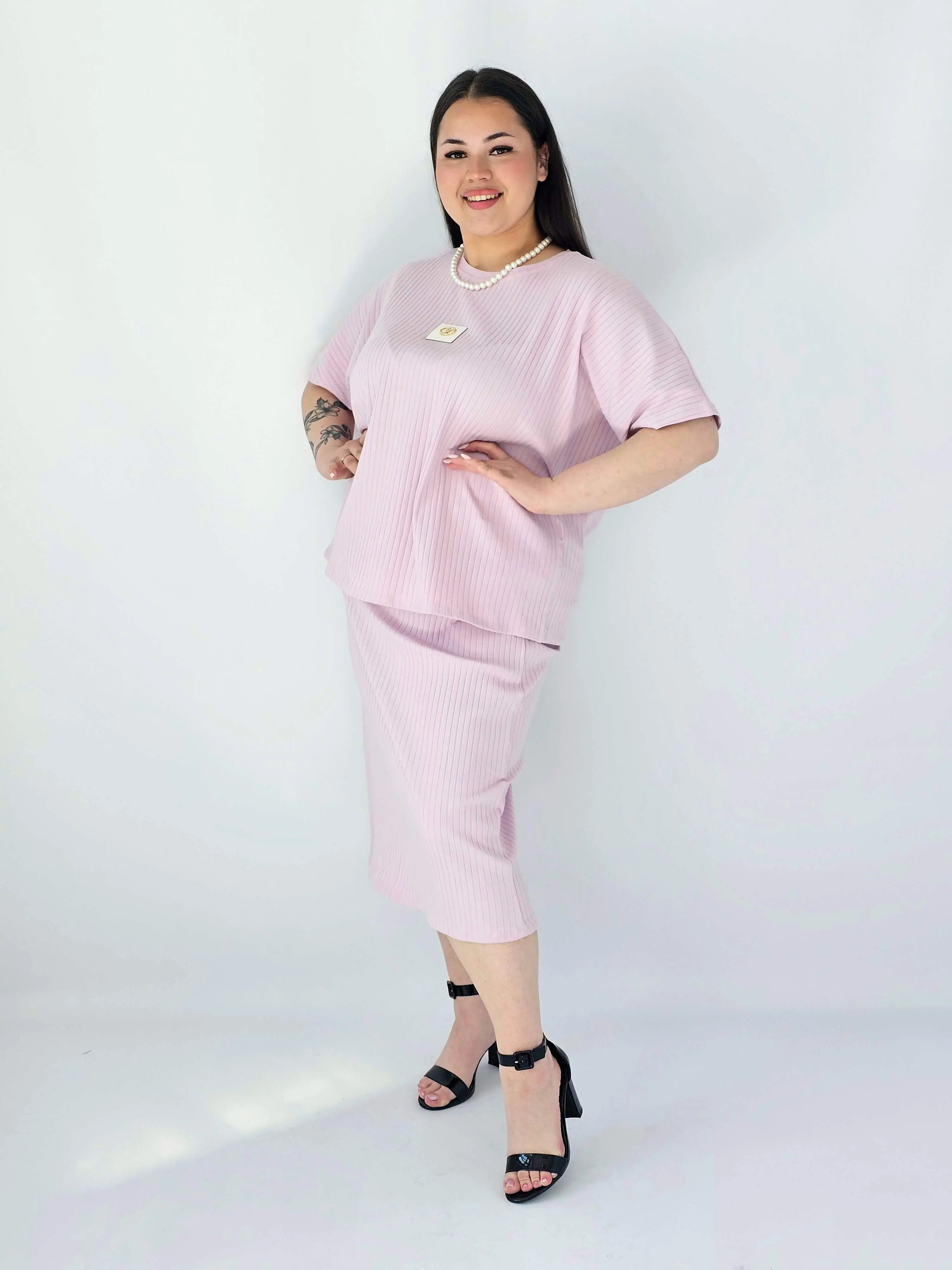 Komplet Plus Size Bluzka I Spódnica Prążkowany Z Ozdobnym Detalem Stylowa XL