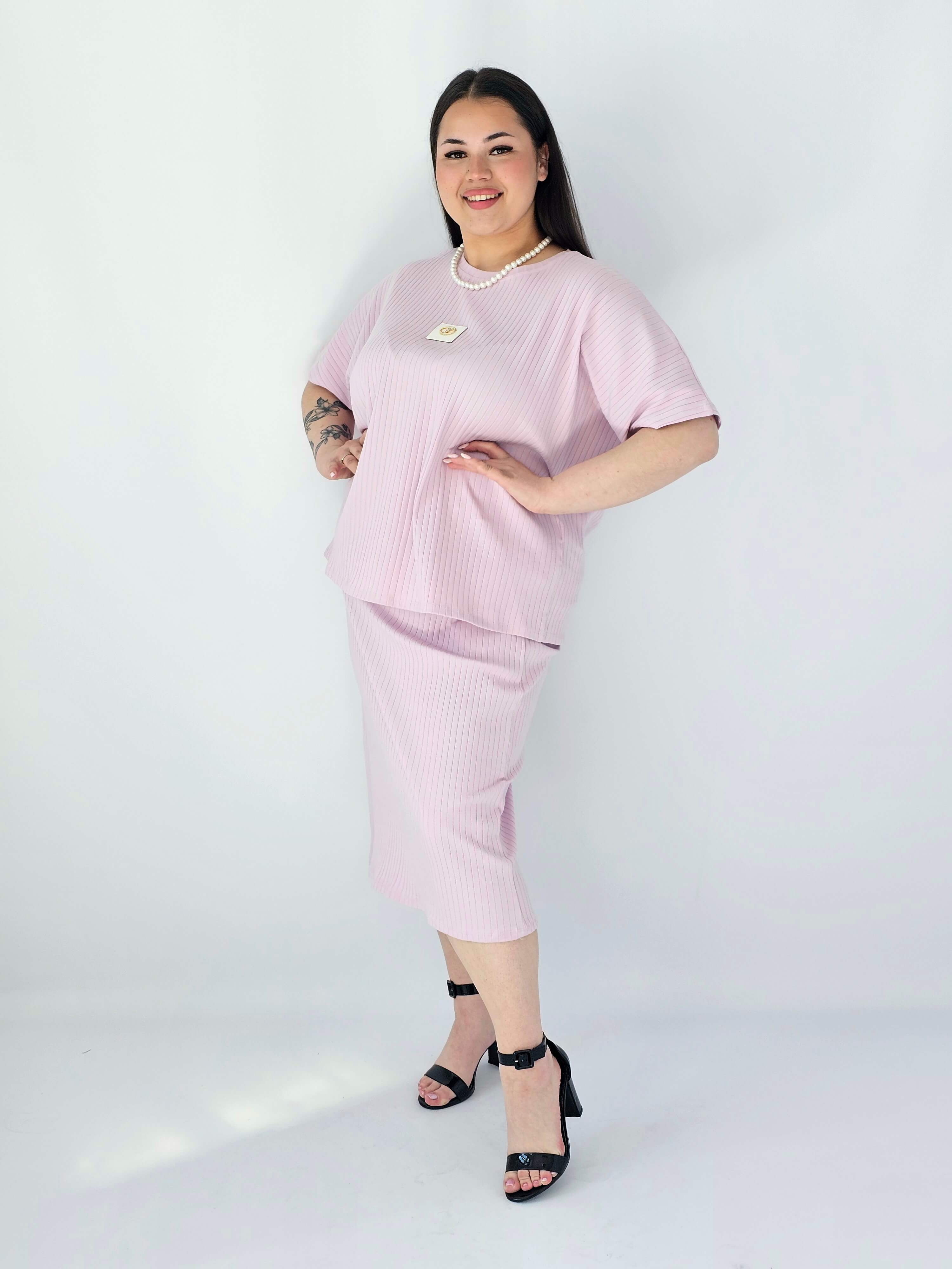 Komplet Plus Size Bluzka I Spódnica Prążkowany Z Ozdobnym Detalem Stylowa XL