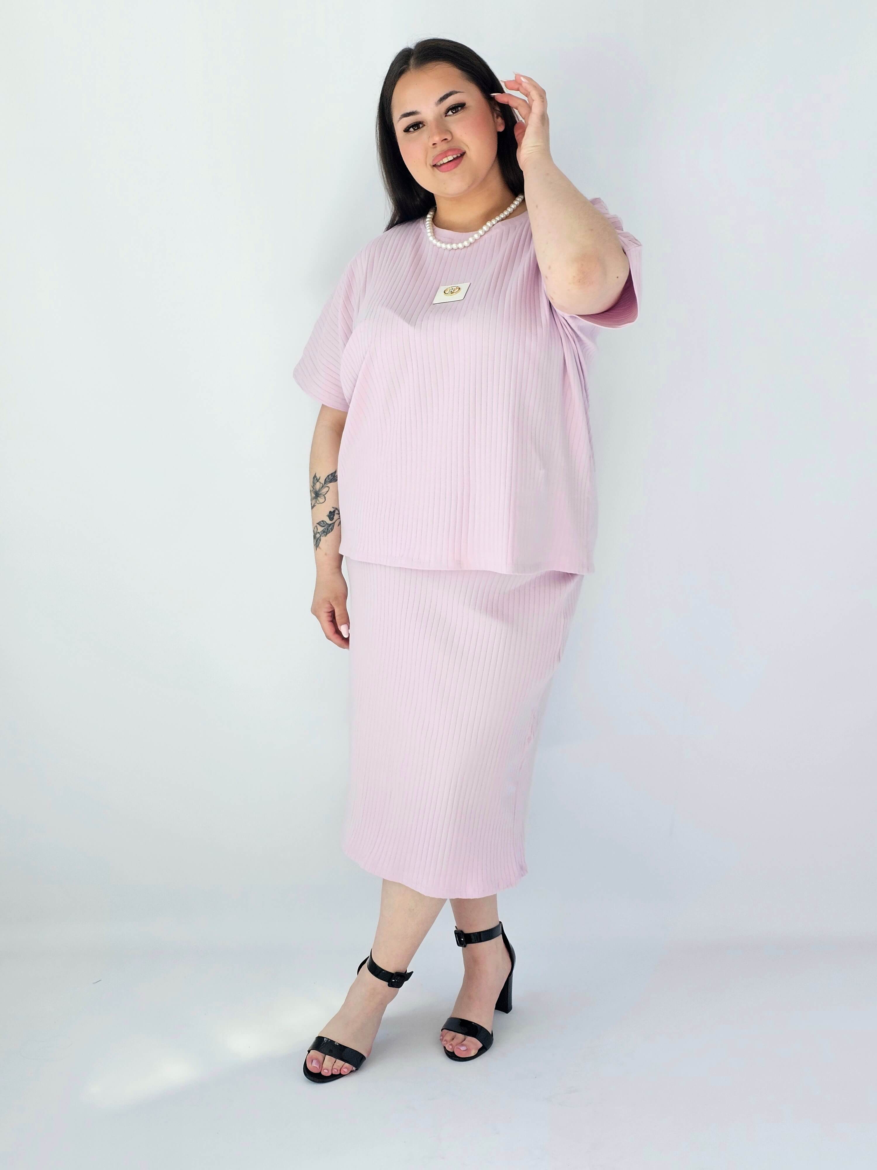 Komplet Plus Size Bluzka I Spódnica Prążkowany Z Ozdobnym Detalem Stylowa XL