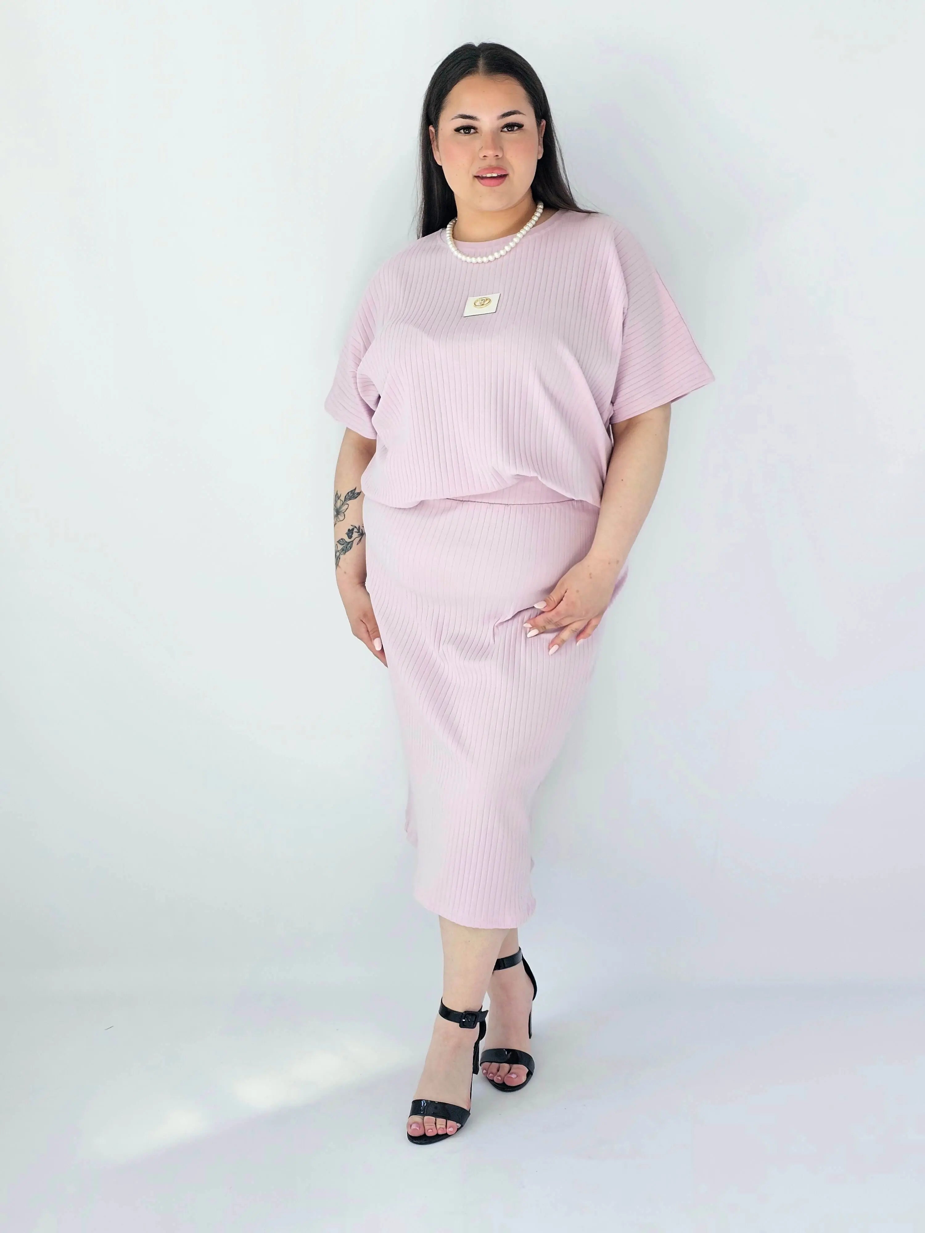 Komplet Plus Size Bluzka I Spódnica Prążkowany Z Ozdobnym Detalem Stylowa XL