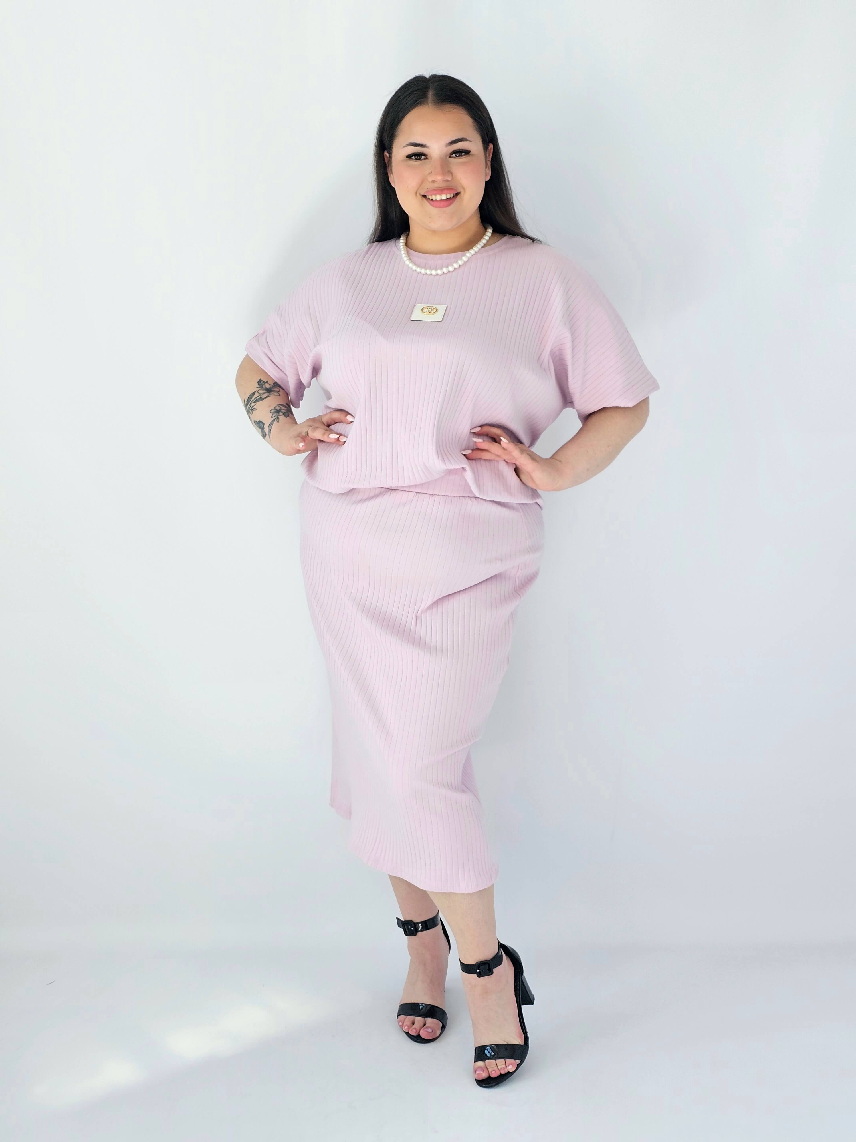 Komplet Plus Size Bluzka I Spódnica Prążkowany Z Ozdobnym Detalem Stylowa XL
