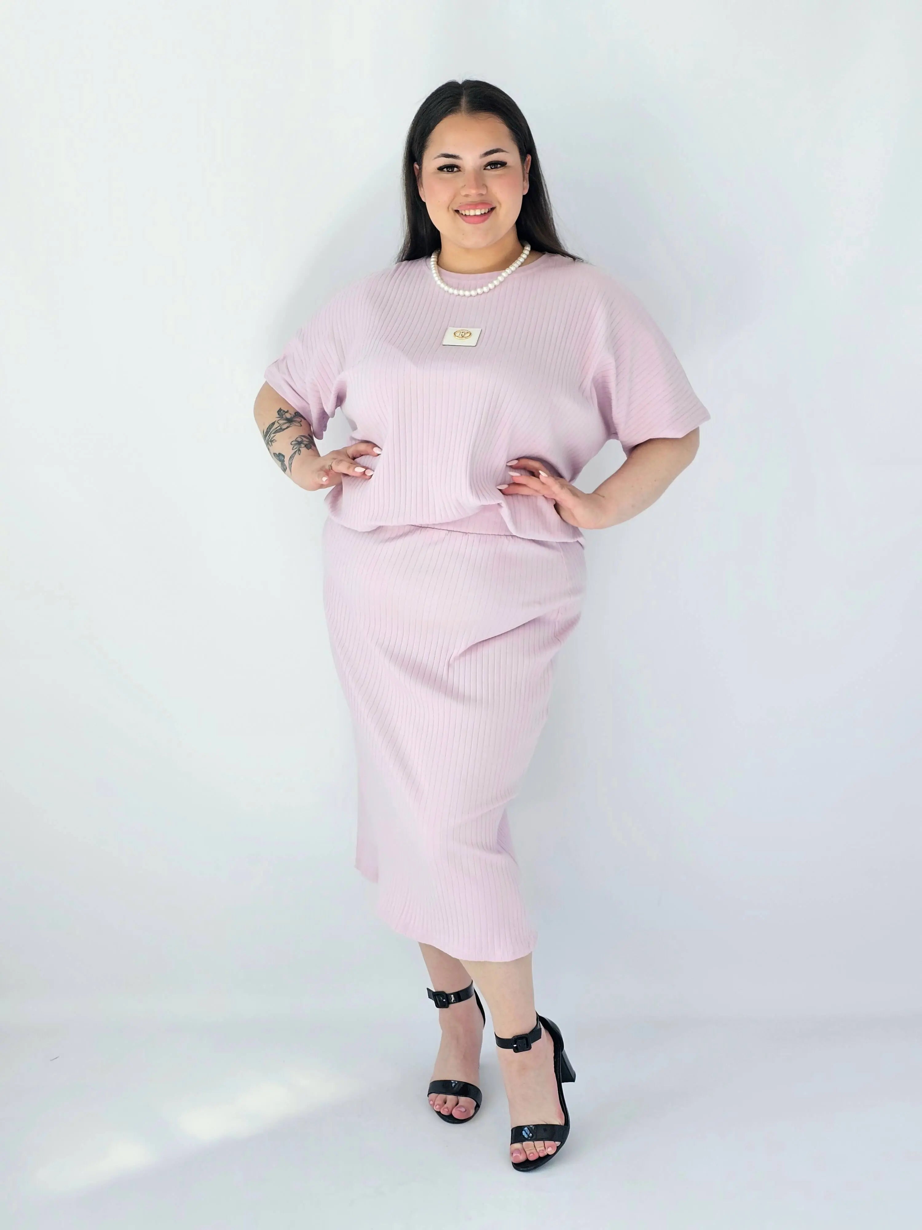 Komplet Plus Size Bluzka I Spódnica Prążkowany Z Ozdobnym Detalem Stylowa XL