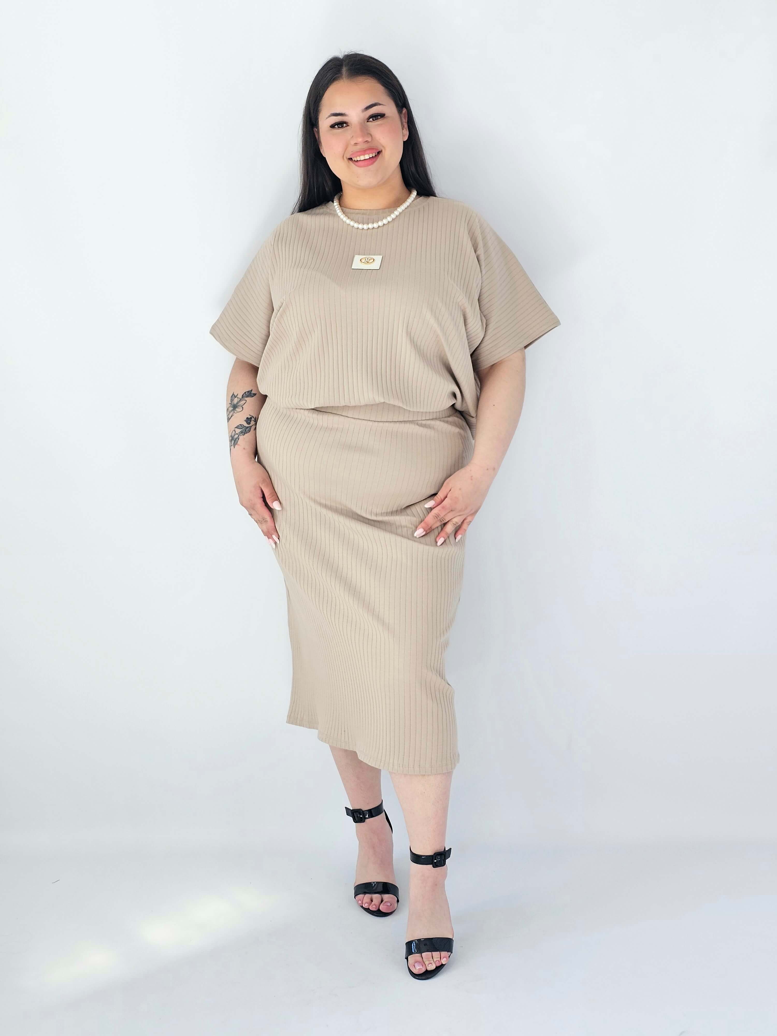 Komplet Plus Size Bluzka I Spódnica Prążkowany Z Ozdobnym Detalem Stylowa XL