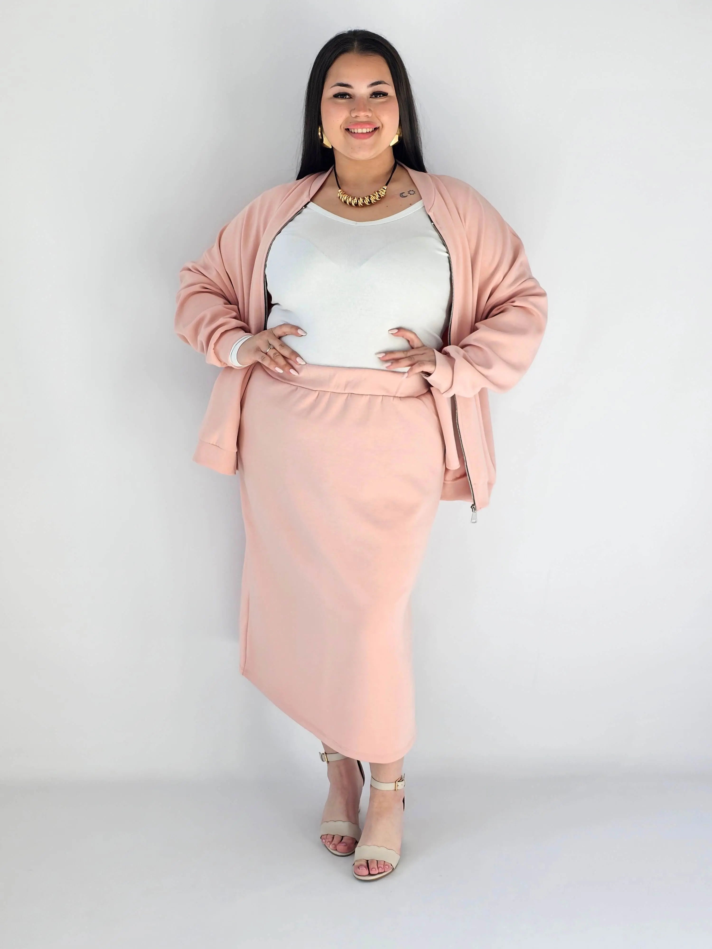 Komplet plus size – bluza na zamek i spódnica midi XXL Stylowa XL