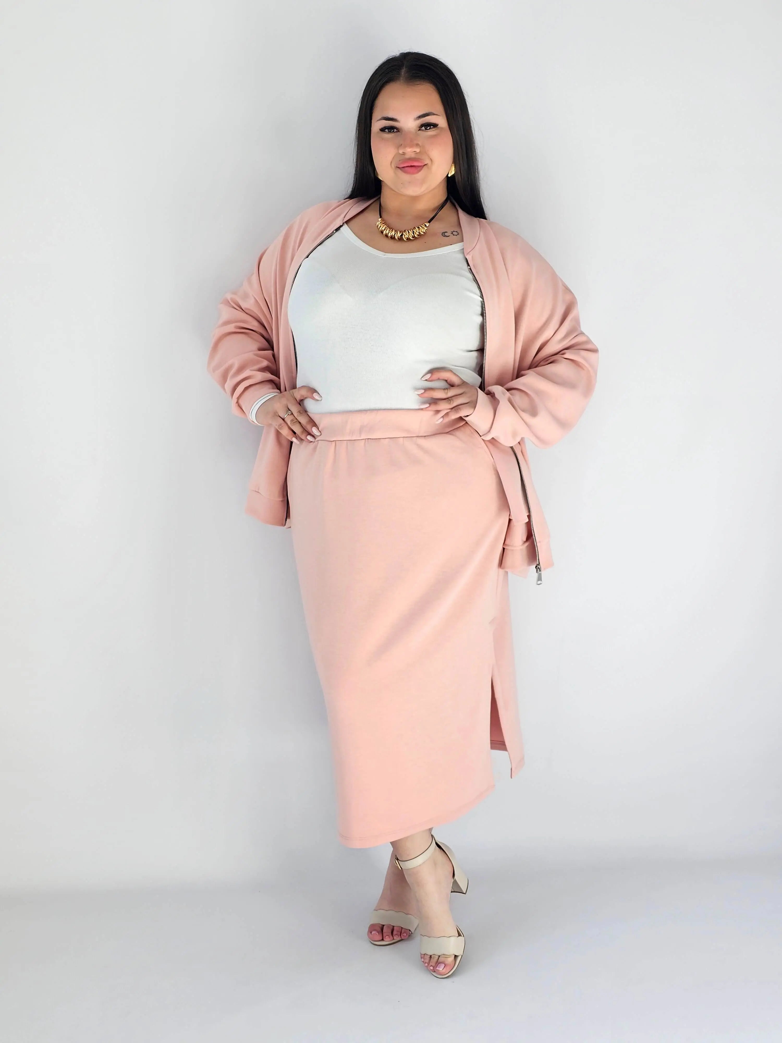 Komplet plus size – bluza na zamek i spódnica midi XXL Stylowa XL
