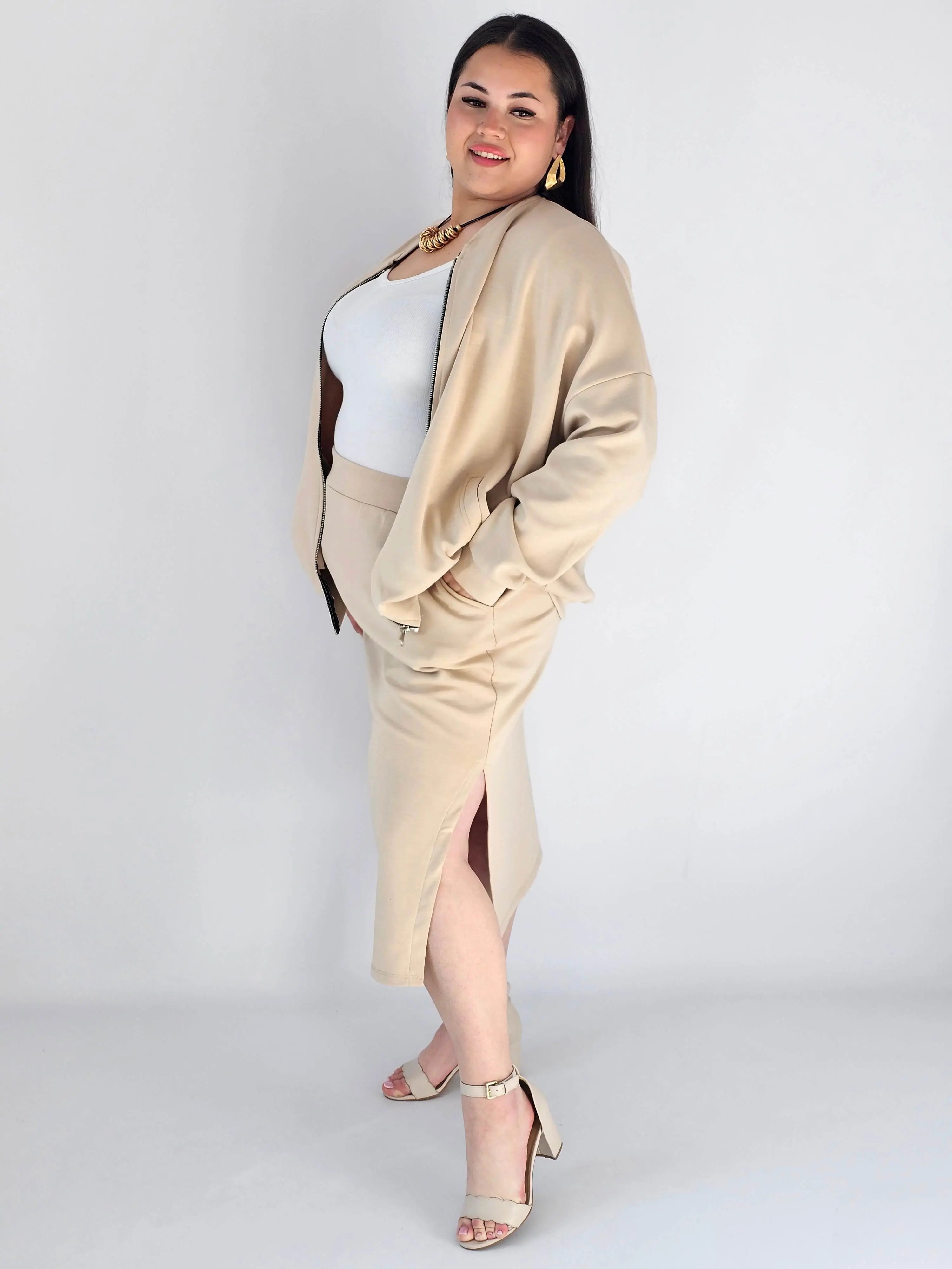 Komplet plus size – bluza na zamek i spódnica midi XXL Stylowa XL