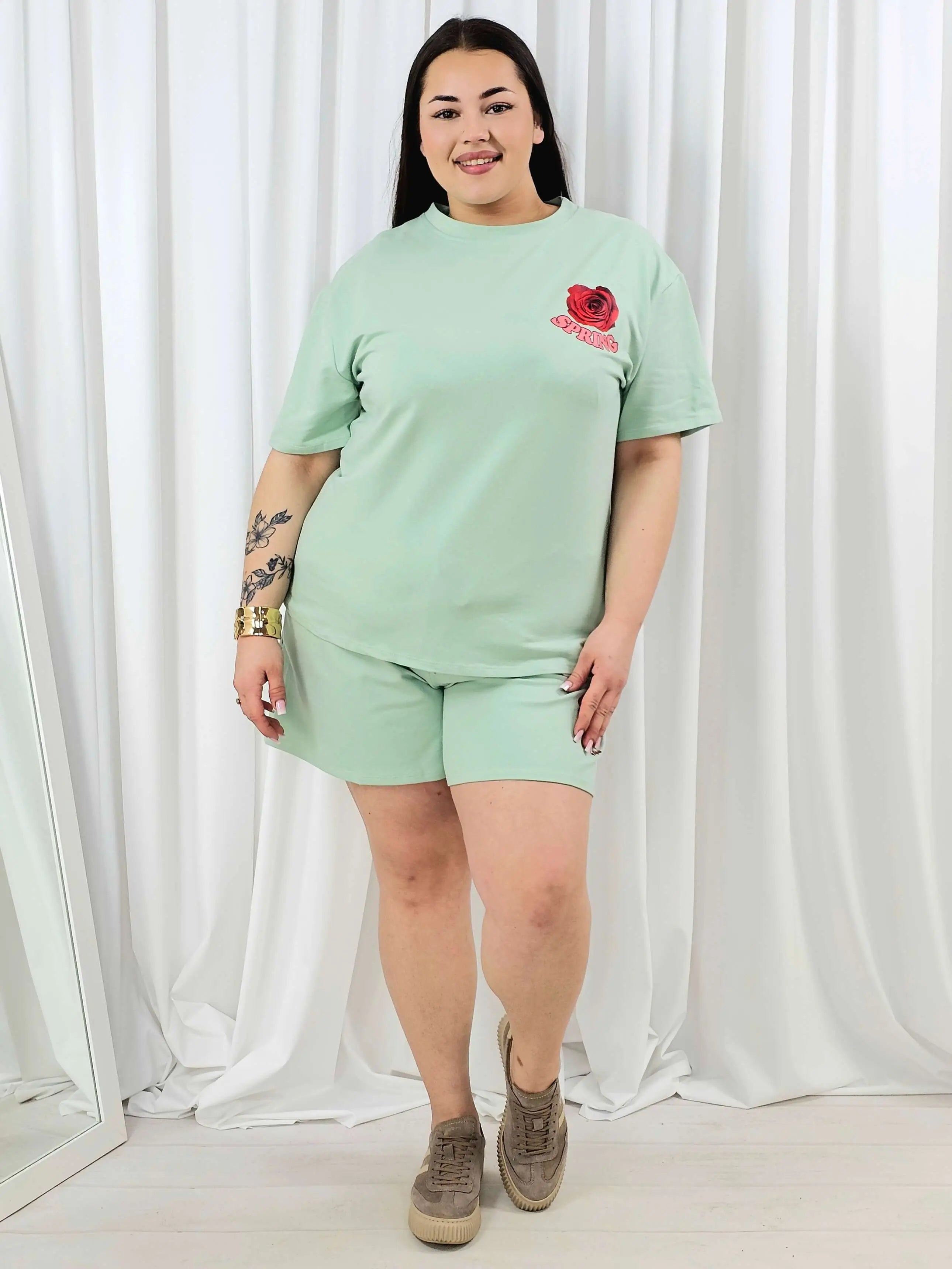 Komplet plus size t-shirt + szorty z nadrukiem SPRING – letni set XXL Stylowa XL