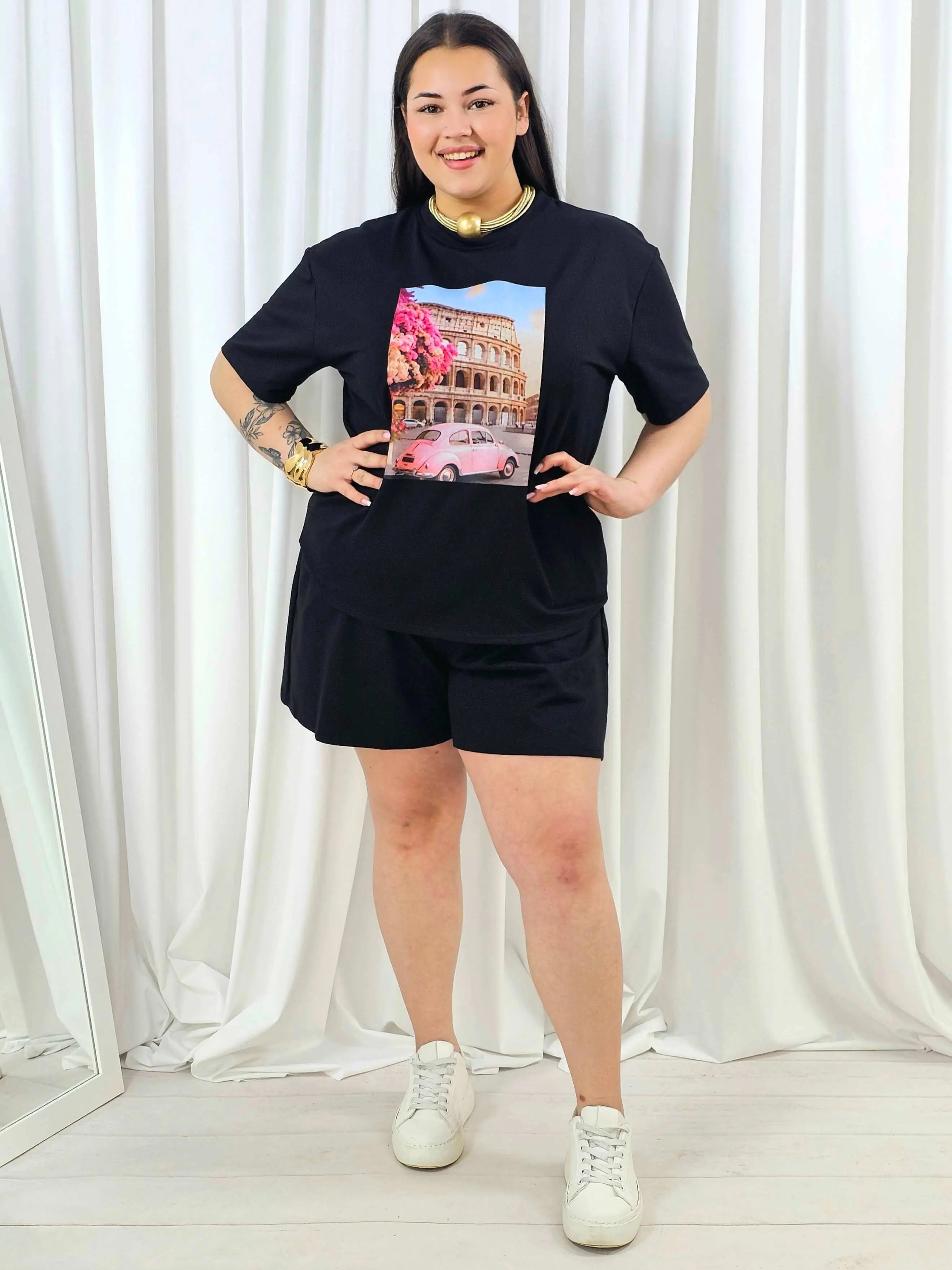 Komplet plus size z nadrukiem – T-shirt i szorty 2-częściowy Stylowa XL