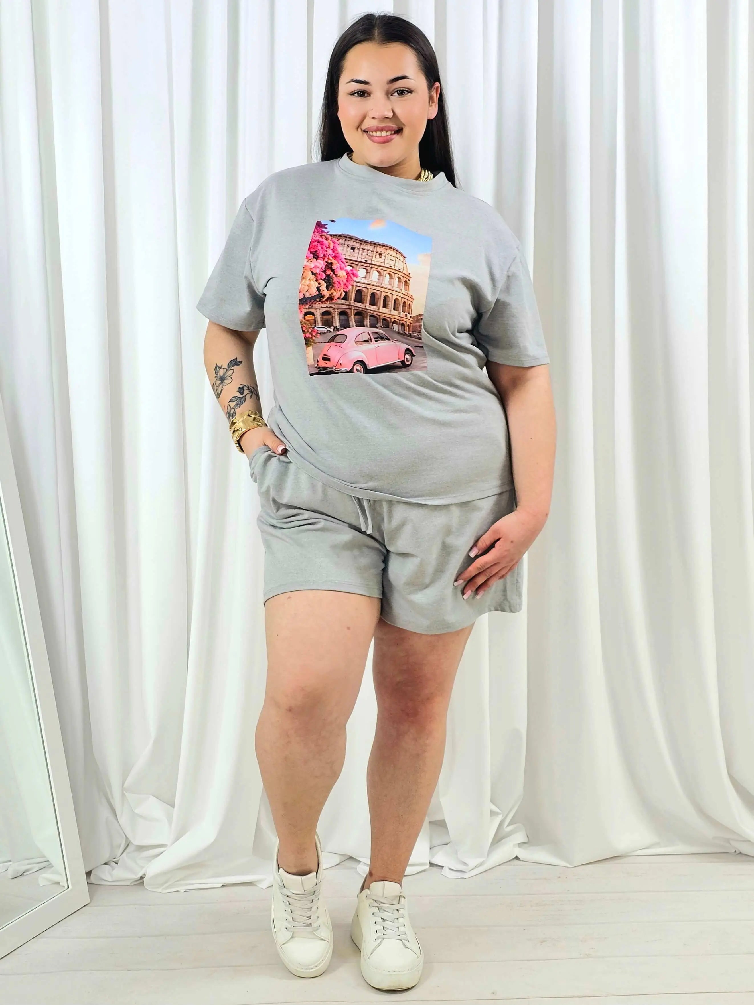 Komplet plus size z nadrukiem – T-shirt i szorty 2-częściowy Stylowa XL