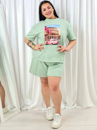 Komplet plus size z nadrukiem – T-shirt i szorty 2-częściowy Stylowa XL