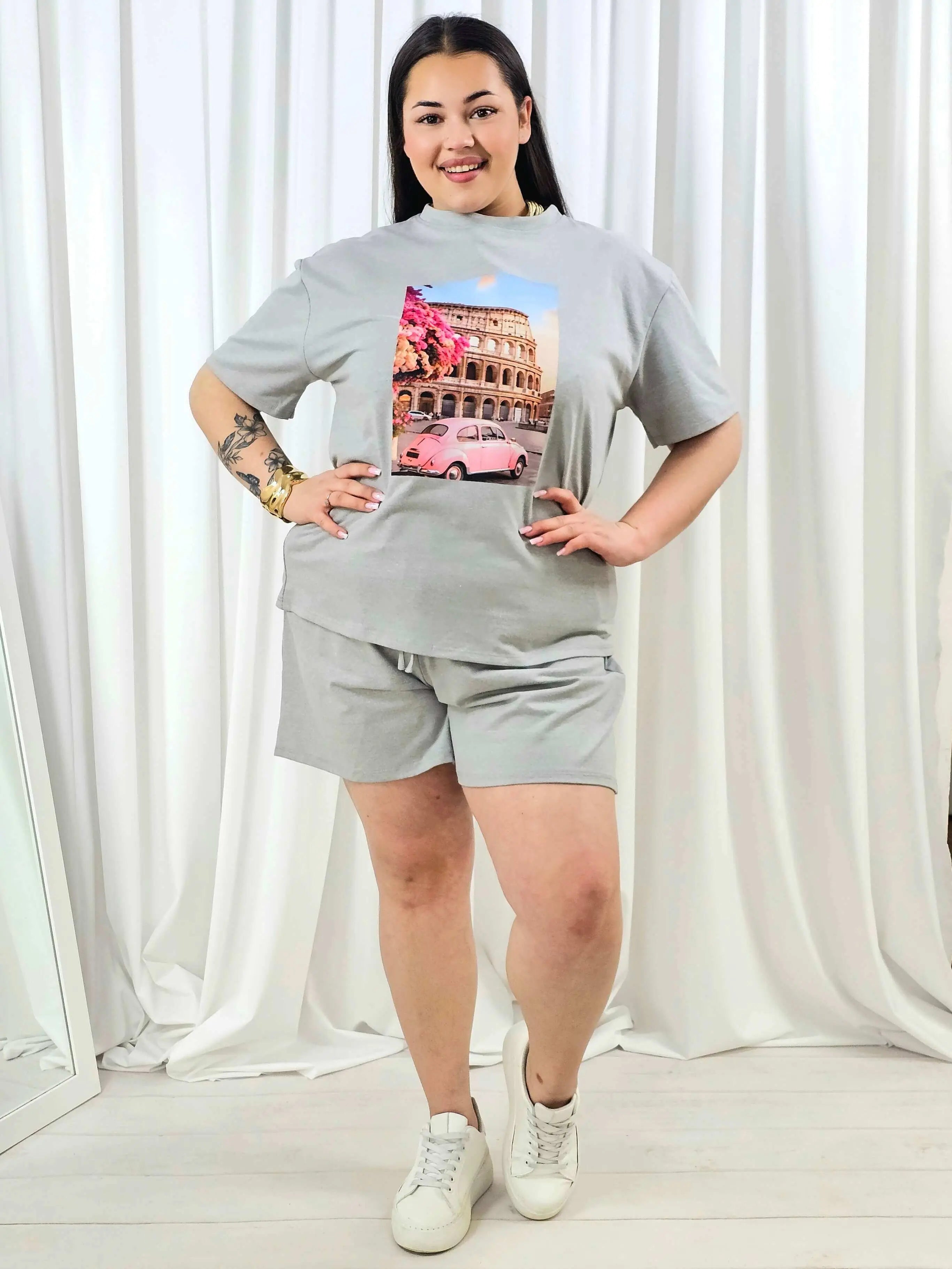 Komplet plus size z nadrukiem – T-shirt i szorty 2-częściowy Stylowa XL
