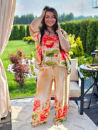 Komplet satynowy z kwiatowym nadrukiem - beż Stylowa XL