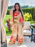 Komplet satynowy z kwiatowym nadrukiem - beż Stylowa XL
